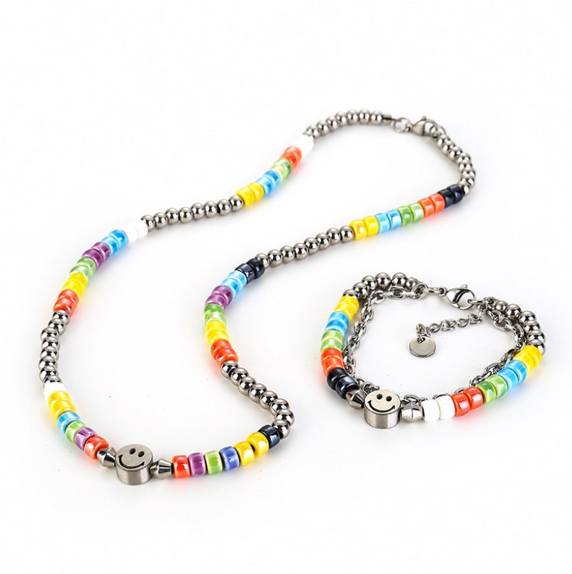 Rainbow LGBT Pride Beaded Smiley Necklace Bracelet